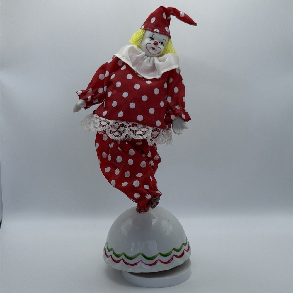 Vintage Porcelain Clown Figurine Rotating Musical Wind Up Red Polka Dot‎ WORKS